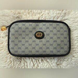 Vintage Gucci 1980’s GG Canvas Cosmetic Pouch with Navy Blue Leather Trim GUC